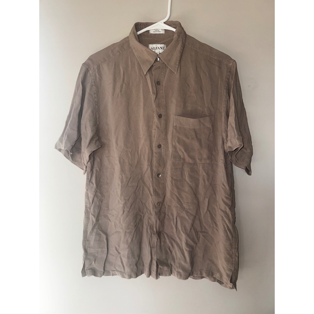 Alfani Mens Silk Shirt Medium Brown Short Sleeve Waffle Knit Button Down Pocket